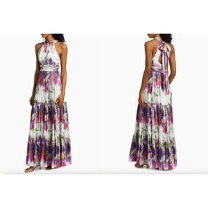 Kobi Halperin Nava Floral Metallic-Satin Halterneck Maxi Dress Large $598